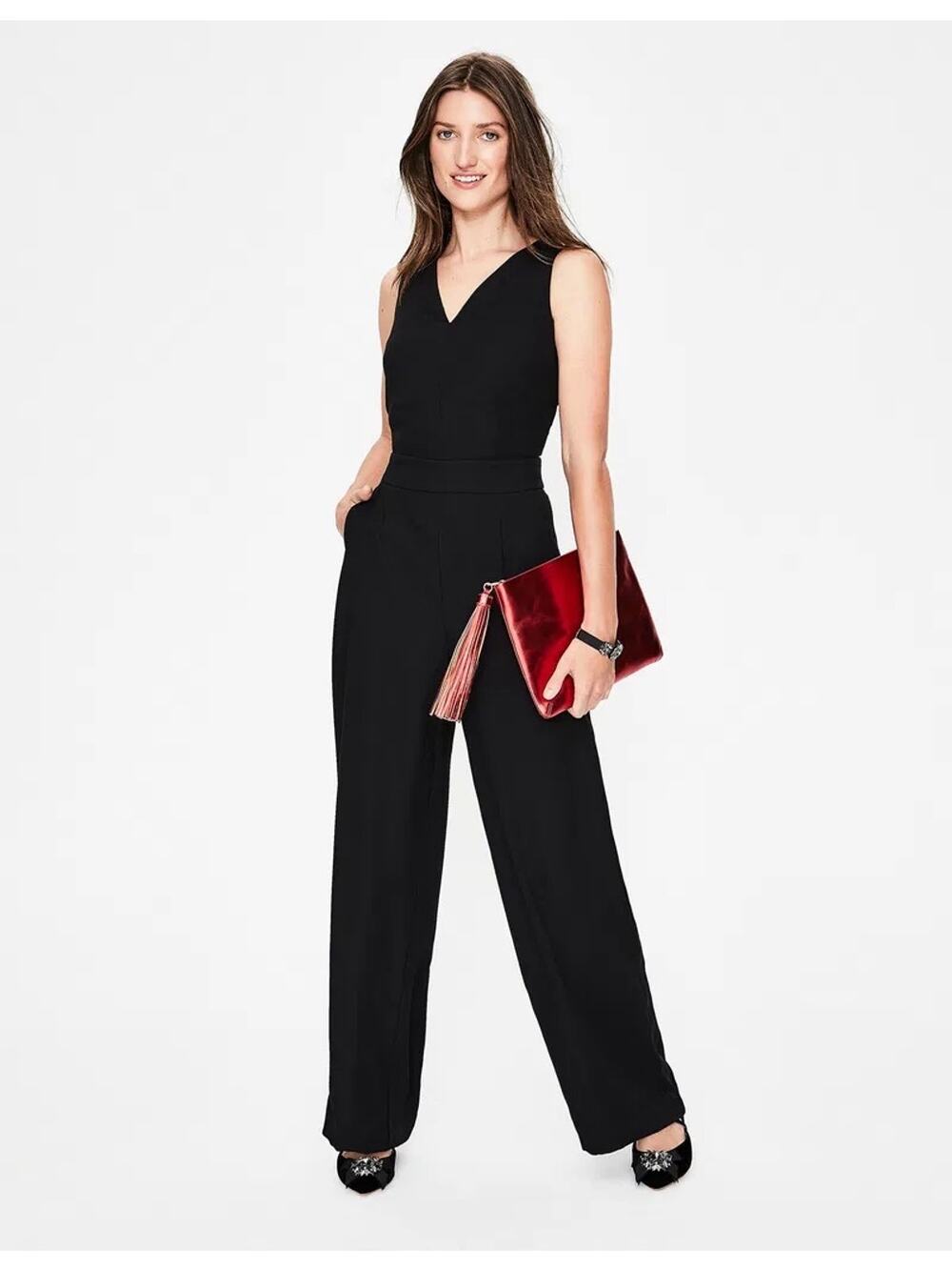 Boden Hexham Jumpsuit Black Wide-Leg Crepe Lined Side Pockets Tuxedo Stripe
